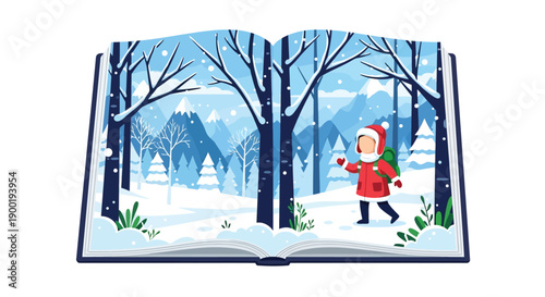 An open book reveals a winter scene with a child walking in the snow