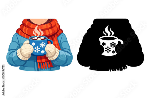 Person holds warm drink in blue cup while wearing red scarf and cozy mittens against cold backdrop in winter setting