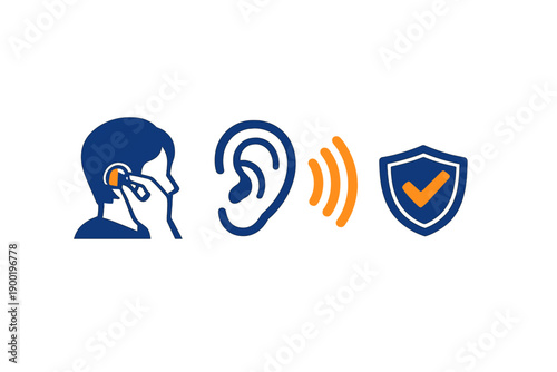 Person using an earbud to listen to sound from a speaker and a shield symbol showing approval in a connection to audio safety