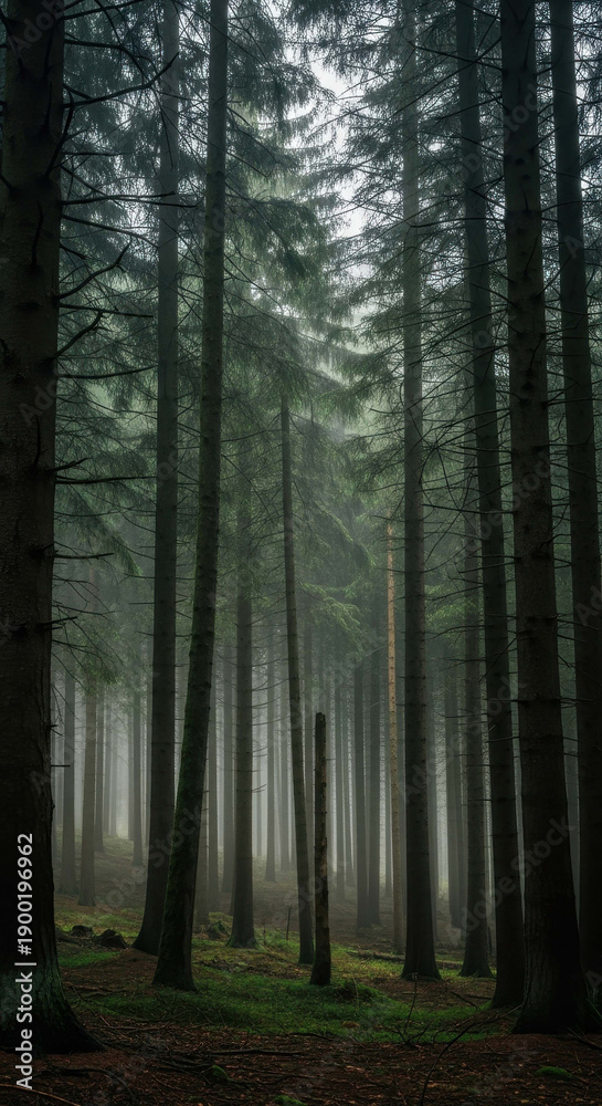 Obraz premium Misty pine forest with tall trees and a path leading into the fog