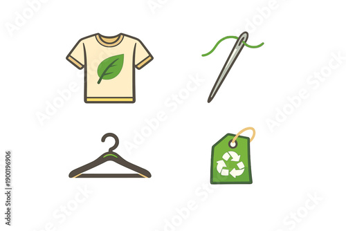 People use symbols of sustainability like a shirt with a leaf, a needle, a hanger, and a tag to show support for recycling and eco-friendly practices in fashion