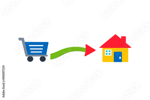 Online shopping process where a cart leads to a house representing delivery of goods purchased from a website