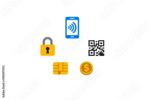 Digital payment methods include a smartphone with a payment icon, a padlock for security, a QR code, a credit card, and cash coins displayed in a simple layout
