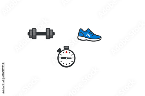 Weights, running shoes, and a timer show preparation for a workout session or fitness routine in a simple layout