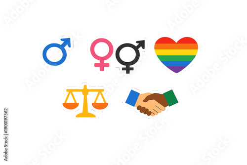 Symbols representing gender and equality with colorful icons depicting male and female signs, a heart, a rainbow flag, scales, and a handshake on a white background