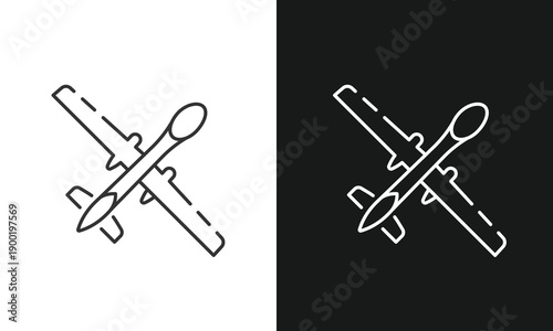 Advanced Predator Style Military Drone Line Icon, Long Endurance UAV Surveillance and Reconnaissance Aircraft Vector Illustration, Professional Aerospace and Defense Technology Design.