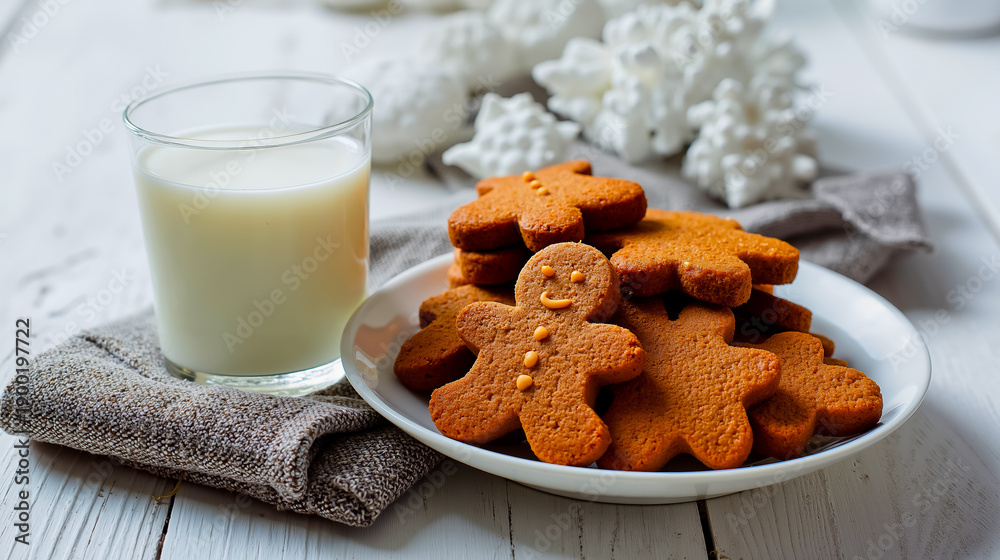 Naklejka premium A plate of gingerbread cookies with orange decorations and a glass of milk on a white table