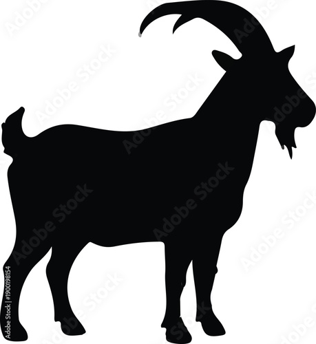 black goat silhouette standing profile horned male farm animal livestock icon isolated background.