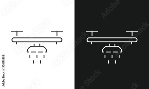 Agricultural Spraying Drone Line Icon, Smart Farming UAV Irrigation and Industrial Disinfecting Vector Illustration, Modern Pesticide Crop Care and Cleaning Technology Design.
