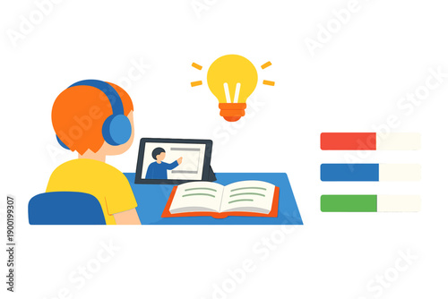 Child studies at a desk with a tablet and book while wearing headphones in a learning environment during daytime