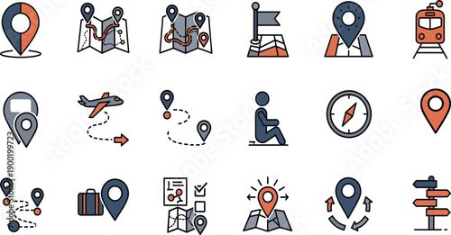 Navigation and Travel Icon Set with GPS Pins, Routes, Maps, Direction Signs, Compass, Transportation, and Destination Tracking Symbols for Mobile and Web App Design