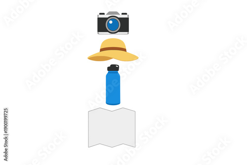 Travel essentials for a day out in the sun with a camera, water bottle, map, and hat to explore new places and capture moments