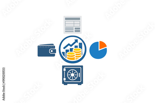 Visual showing financial concepts with charts, wallets, and a safe representing money management and investment strategies in a business setting