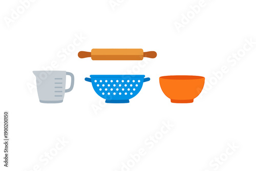 Kitchen tools and utensils arranged on a white background showing measuring cup, colander, rolling pin, and mixing bowl