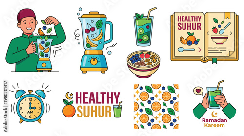 Healthy suhur preparations illustrated with nutritious food and drinks, cooking, and planning, presented in a vibrant graphic style.