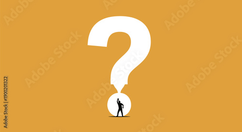 Small silhouette of a person standing beneath the base of a massive white question mark symbol 
