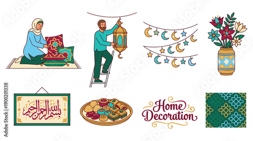 Man decorating home with festive Ramadan decorations, hanging lanterns and garlands with crescent moons and stars.
