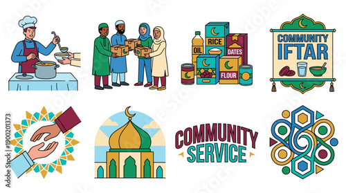 Community Service illustrations with mosque, people, food, charity, donations, volunteers, and service