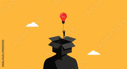 Silhouette of a tiny person holding a red lightbulb balloon escaping from a black box head 