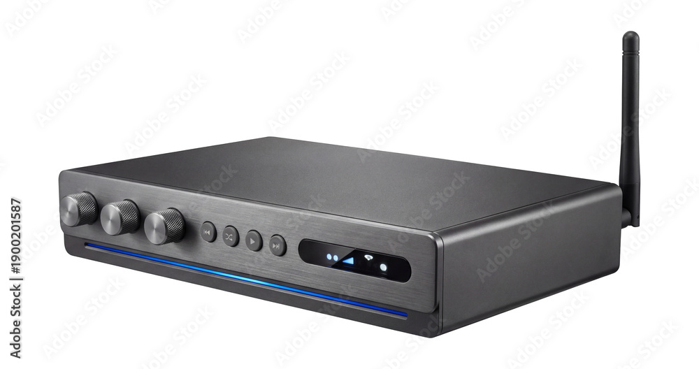 Obraz premium Network audio processor with Ethernet port and Wi-Fi antenna.