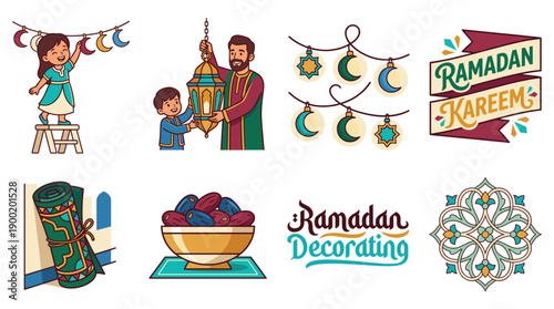 Ramadan illustrations showcasing festive decorations, traditional clothing, and family activities in a vibrant cultural celebration