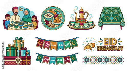 Vibrant Eid breakfast illustration featuring family, food, and festive decorations viewed directly from above