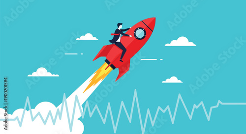 Businessman actively rides a large red rocket ship ascending past clouds above a jagged white line graph.