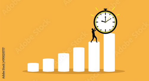 Tiny figure pushes a glowing stopwatch atop a rising bar chart representing continuous progress and time management.
