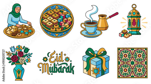 Woman preparing traditional meal with festive dishes and gifts for Eid celebration at home