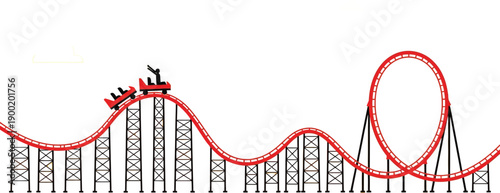 Two small red roller coaster cars ascend and traverse a track featuring a vertical loop structure supported by black.