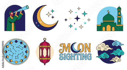 A serene moon sighting scene with a person viewing the crescent moon through a telescope, surrounded by stars and Islamic architecture illustrations.