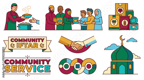 Community service and iftar illustrations depicting people, mosque, charity, hands, food, unity, and togetherness in vibrant colors