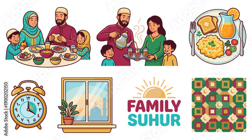 Family gathered together having suhur meal with traditional food and drinks before fasting in a cozy home environment