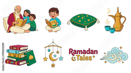 Illustrations of Ramadan traditions and stories with people, books, prayer mat, and lantern from a cultural viewpoint
