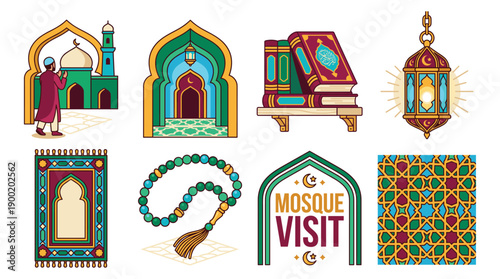 Vibrant mosque elements illustration featuring arches, prayer mats, lanterns, and sacred texts from a cultural viewpoint.