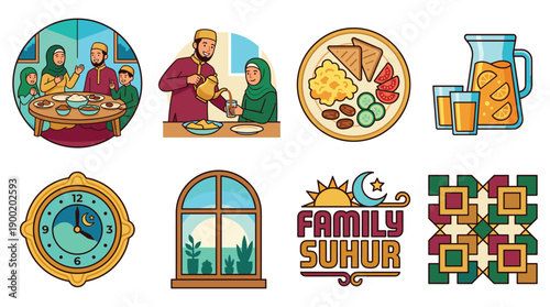 Family gathered around table for Suhur meal, breaking fast together at home with clock and window nearby.