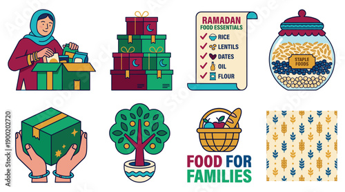 A person in hijab giving charity and donations for Ramadan, illustrated graphic symbols for food, gifts, and families