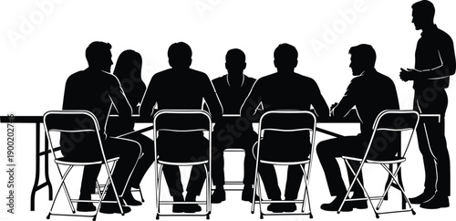 Business meeting silhouettes at conference table isolated on white background, corporate team discussion, leadership presentation, teamwork, collaboration, strategy planning concept