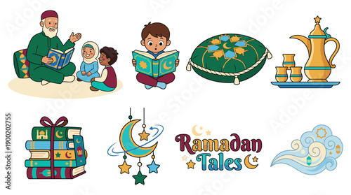 Illustrations of Ramadan celebrations with family, prayer mats, gifts, and crescent moon decorations viewed from above