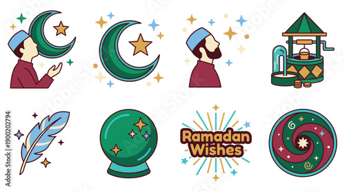 Ramadan Islamic Traditions Food Prayer Lifestyle Activities Illustration Set Vector Graphics