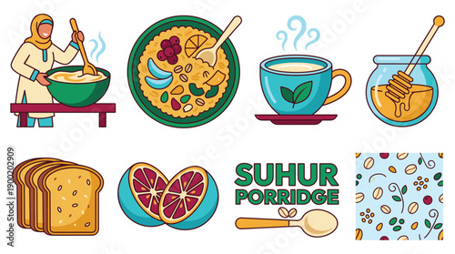Ramadan Islamic Traditions Food Prayer Lifestyle Activities illustration set with suhur porridge elements
