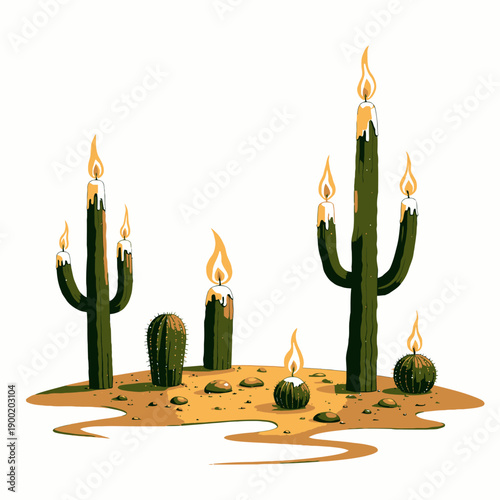 Surreal Desert Landscape Featuring Cacti with Candle Flames on Top, Evoking a Dreamlike Blend of Reality and Imagination in a Barren Environment