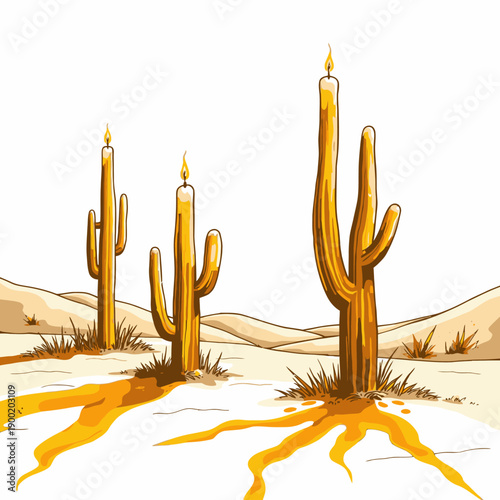 Surreal Desert Landscape with Cacti in Candle-Like Form Melting into Sandy Terrain with Warm Glow