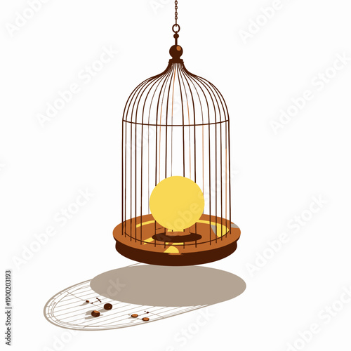 Hanging Cage Containing a Glowing Sun Symbolizing Confinement and Freedom in Artistic Illustration with Deep Shadows and Minimalistic Design