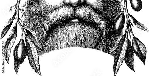 Vintage botanical decorative frame with engraved portrait elements in vertical format for classic design