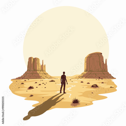 Lonely Traveler Stands Amidst Barren Desert Landscape with Monumental Rock Formations Under a Vast Golden Sun