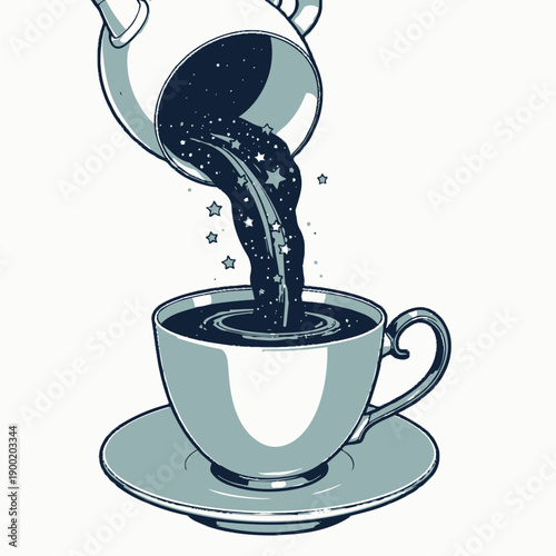 Magical depiction of a whimsical celestial motif with stars and galaxies flowing from a teapot into an elegant, vintage teacup with a saucer