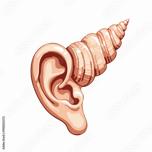 Detailed Illustration of an Ear Merged with a Sea Shell Symbolizing Connection Between Hearing and Ocean Sounds