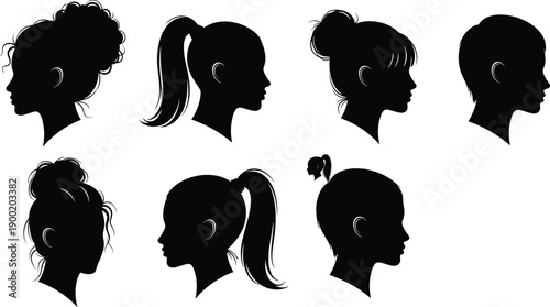 Female head profile silhouettes, diverse hairstyles, ponytail bun short hair, elegant women faces isolated black vector collection