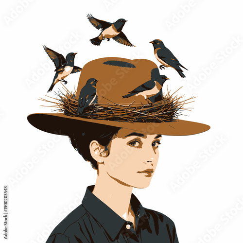 A woman wears a wide-brimmed brown hat adorned with a nest, where vibrant, colorful birds appear to be playfully perched and flying around.